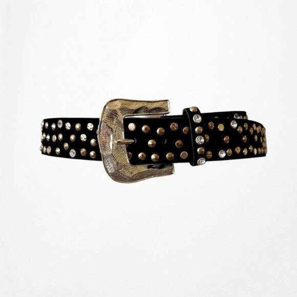 Zara Black Suede Gold Hardware Rhinestone Western Cowboy Inspired Belt - Picture 1 of 4